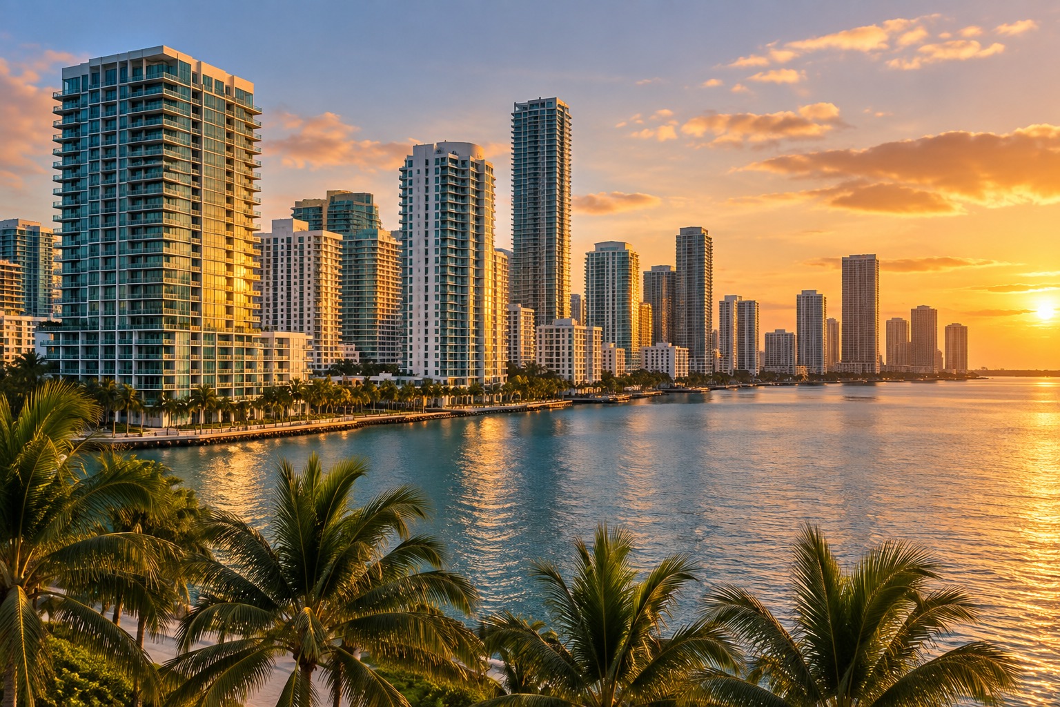 A Miami waterfront skyline at golden hour, illustrative