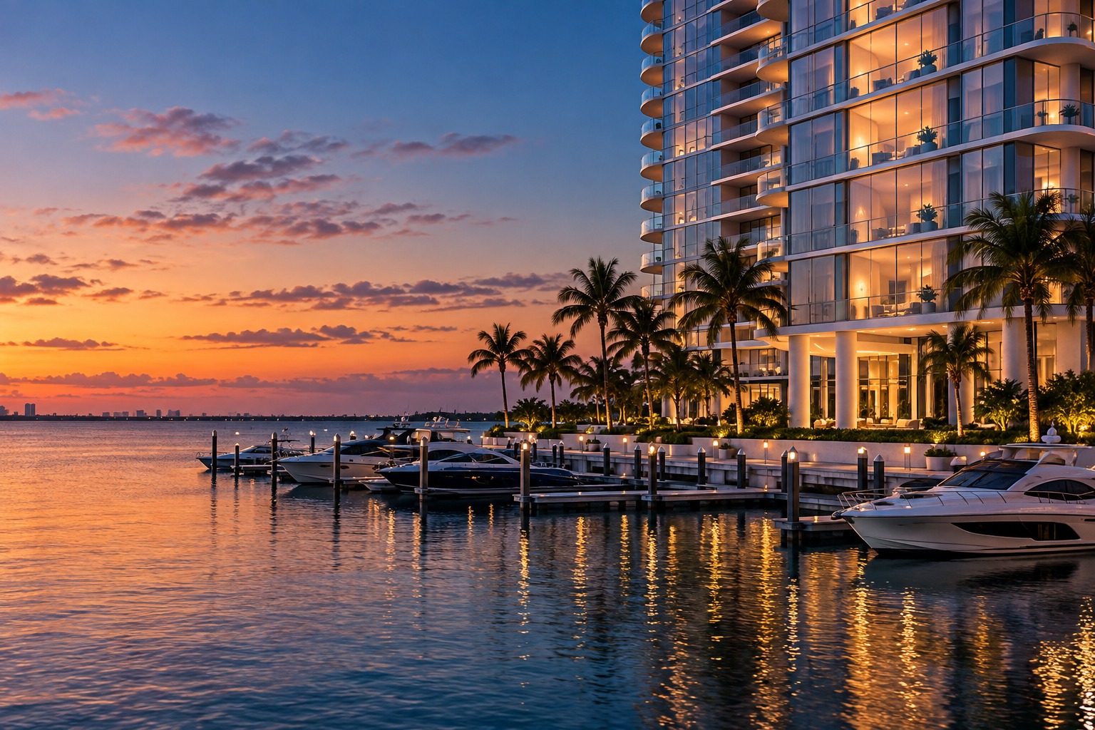 A Miami luxury condominium exterior at dusk, illustrative