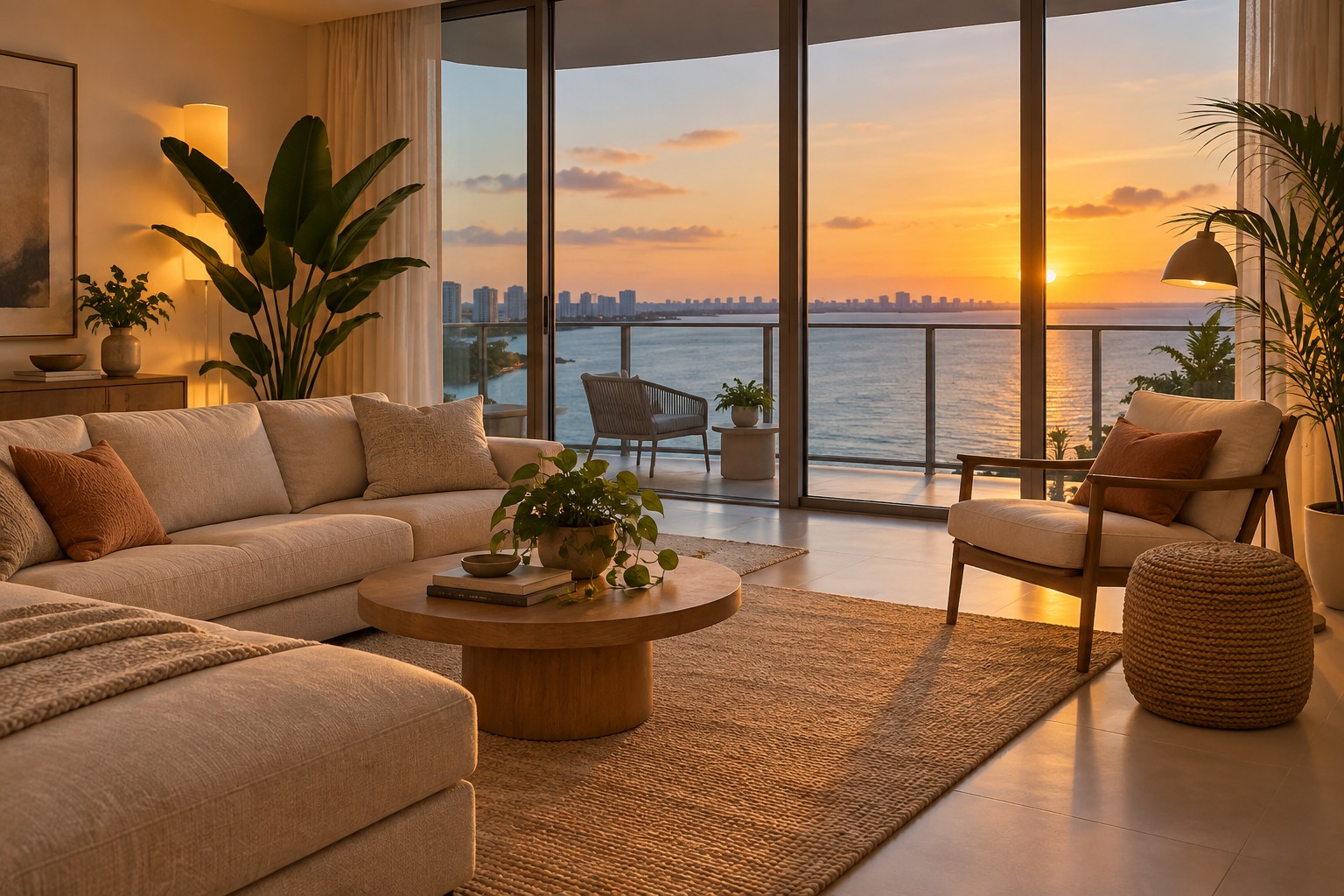 A cozy Miami condominium living room, illustrative
